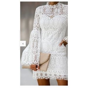 White lace bell sleeves short dress
